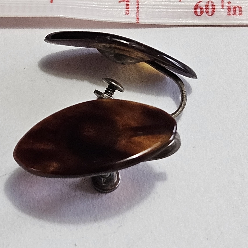 Tortoiseshell Marquise Screw-Back Earrings - Brown Sterling T2 Marked - Picture 5 of 5
